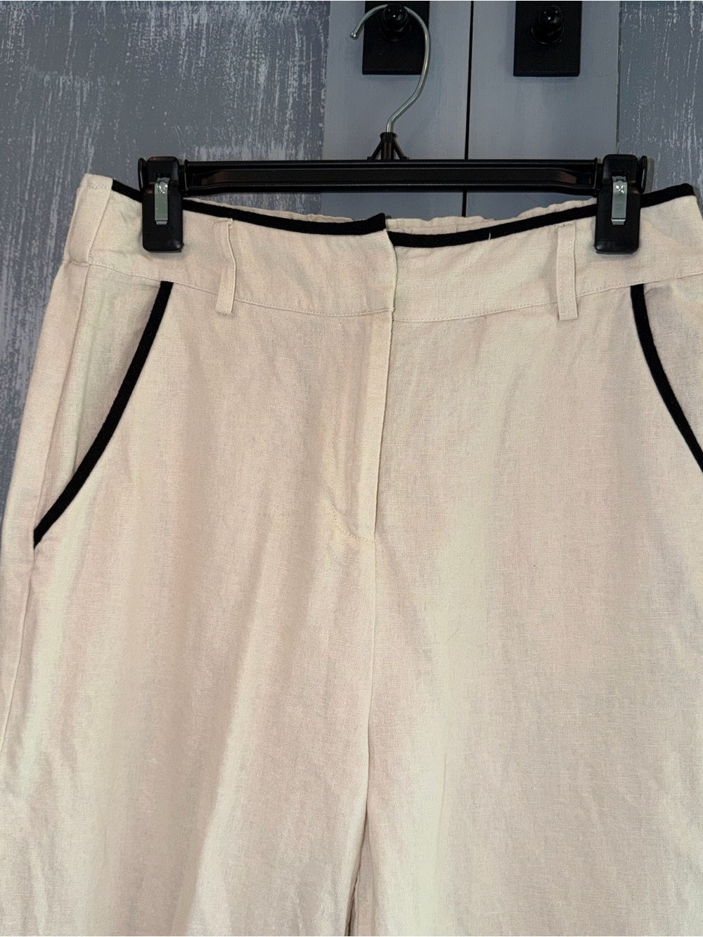 Tahari Cream Linen Blend Wide Leg Pants Size M Black Trim - Picture 5 of 8